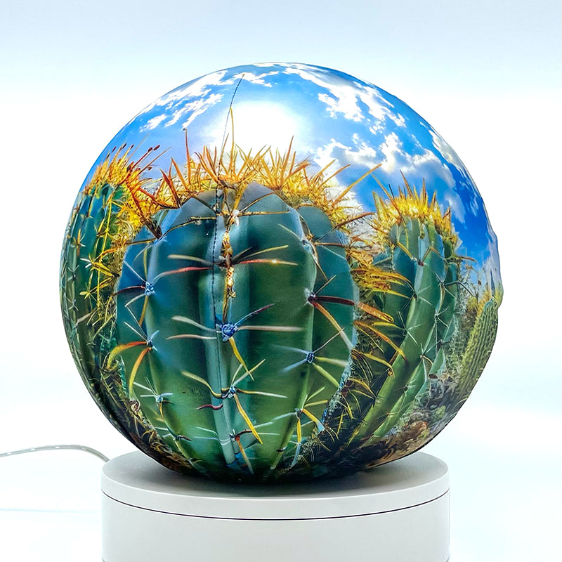 Fabric sphere cover featuring a blue sky with cactus design, wrapped around a 8.7" soccer ball, 9.5" basketball ball, or a 10" globe.