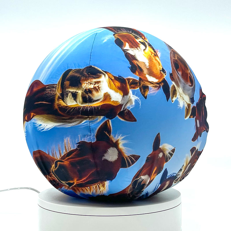 Fabric sphere cover depicting six horses huddling in a circular formation, wrapped around a 8.7" soccer ball, 9.5" basketball ball, or a 10" globe.