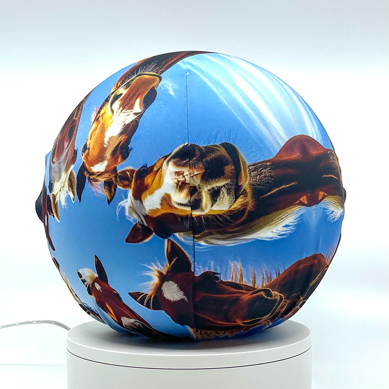 Fabric sphere cover depicting six horses huddling in a circular formation, wrapped around a 8.7" soccer ball, 9.5" basketball ball, or a 10" globe.