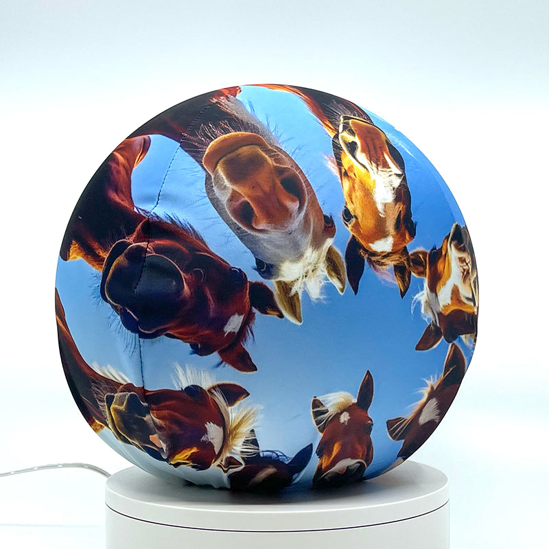 Fabric sphere cover depicting six horses huddling in a circular formation, wrapped around a 8.7" soccer ball, 9.5" basketball ball, or a 10" globe.