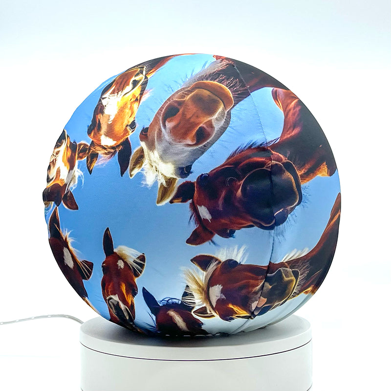 Fabric sphere cover depicting six horses huddling in a circular formation, wrapped around a 8.7" soccer ball, 9.5" basketball ball, or a 10" globe.