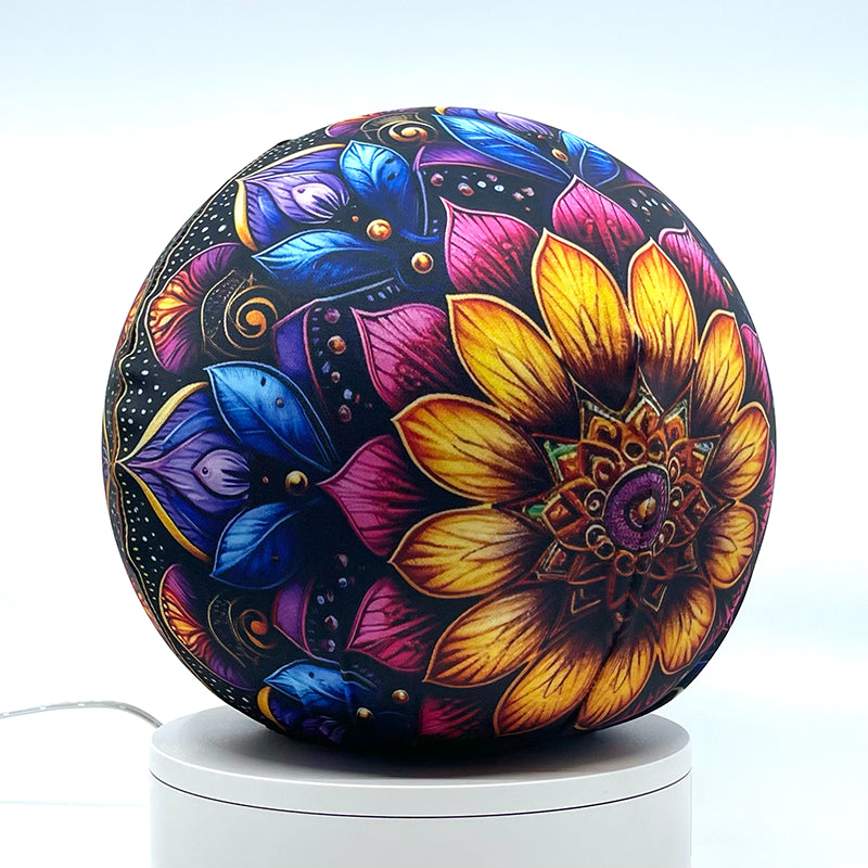 Fabric sphere cover with a colorful mandala design, wrapped around a 8.7" soccer ball, 9.5" basketball ball, or a 10" globe.