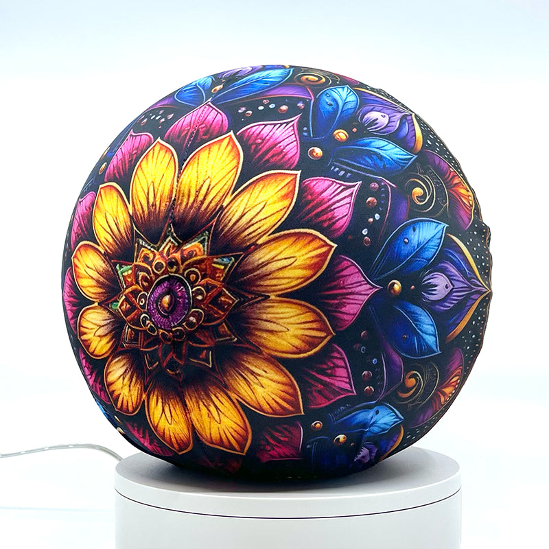 Fabric sphere cover with a colorful mandala design, wrapped around a 8.7" soccer ball, 9.5" basketball ball, or a 10" globe.