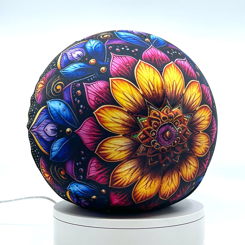 Fabric sphere cover with a colorful mandala design, wrapped around a 8.7" soccer ball, 9.5" basketball ball, or a 10" globe.