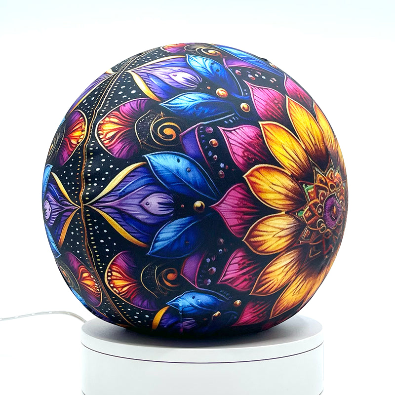 Fabric sphere cover with a colorful mandala design, wrapped around a 8.7" soccer ball, 9.5" basketball ball, or a 10" globe.