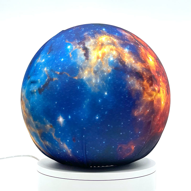 Fabric sphere cover featuring the Milky Way galaxy, wrapped around a 8.7" soccer ball, 9.5" basketball ball, or a 10" globe.