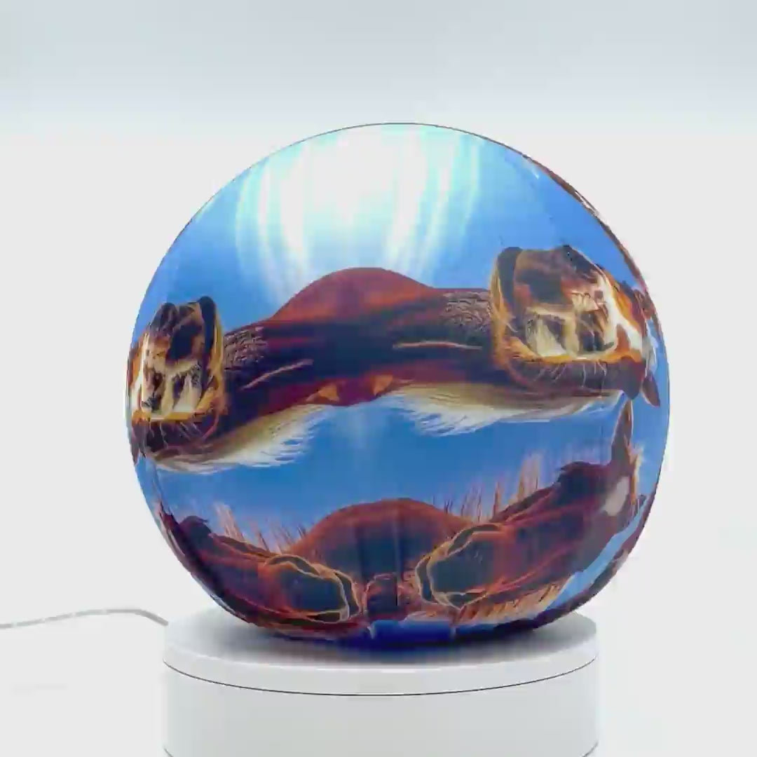 360°-rotating fabric sphere cover depicting six horses huddling in a circular formation, wrapped around a 8.7" soccer ball, 9.5" basketball ball, or a 10" globe.