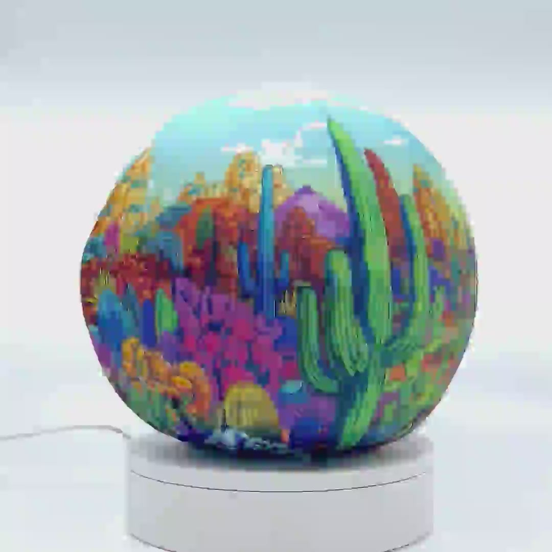 360°-rotating fabric sphere cover with a colorful cactus doodle design, wrapped around a 8.7" soccer ball, 9.5" basketball ball, or a 10" globe.