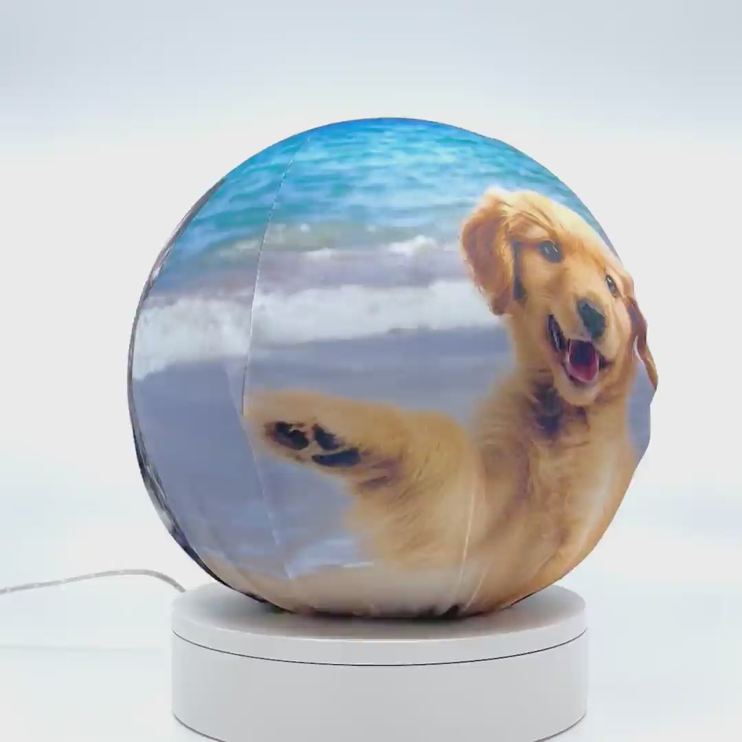 360°-rotating fabric sphere cover featuring four puppies on a beach, wrapped around a 8.7" soccer ball, 9.5" basketball ball, or a 10" globe.