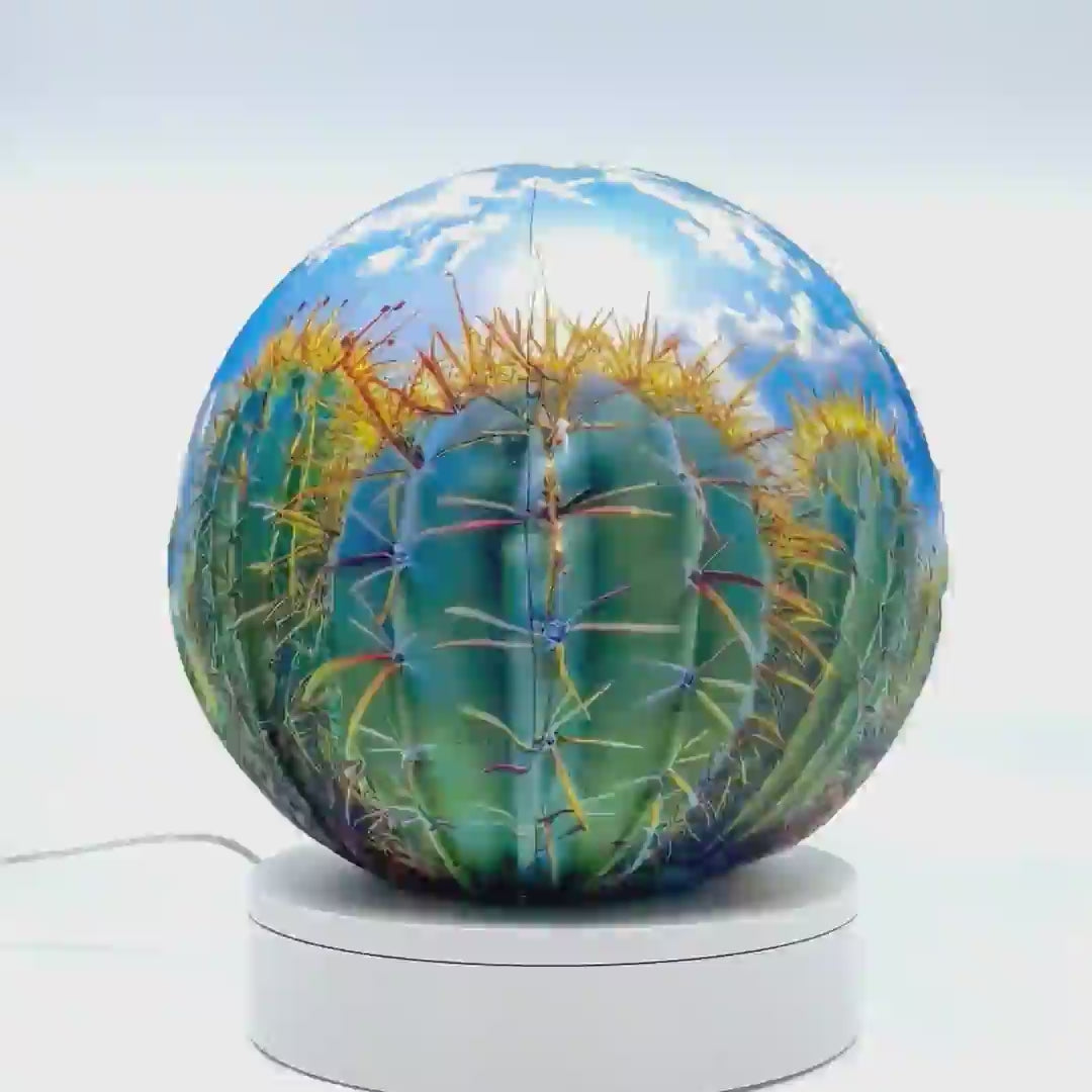 360°-rotating fabric sphere cover featuring a blue sky with cactus design, wrapped around a 8.7" soccer ball, 9.5" basketball ball, or a 10" globe.