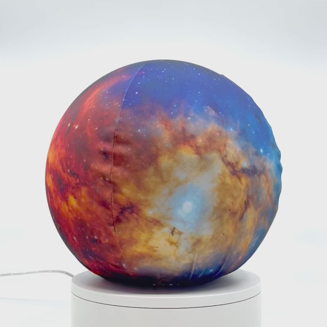 360°-rotating fabric sphere cover featuring the Milky Way galaxy, wrapped around a 8.7" soccer ball, 9.5" basketball ball, or a 10" globe.