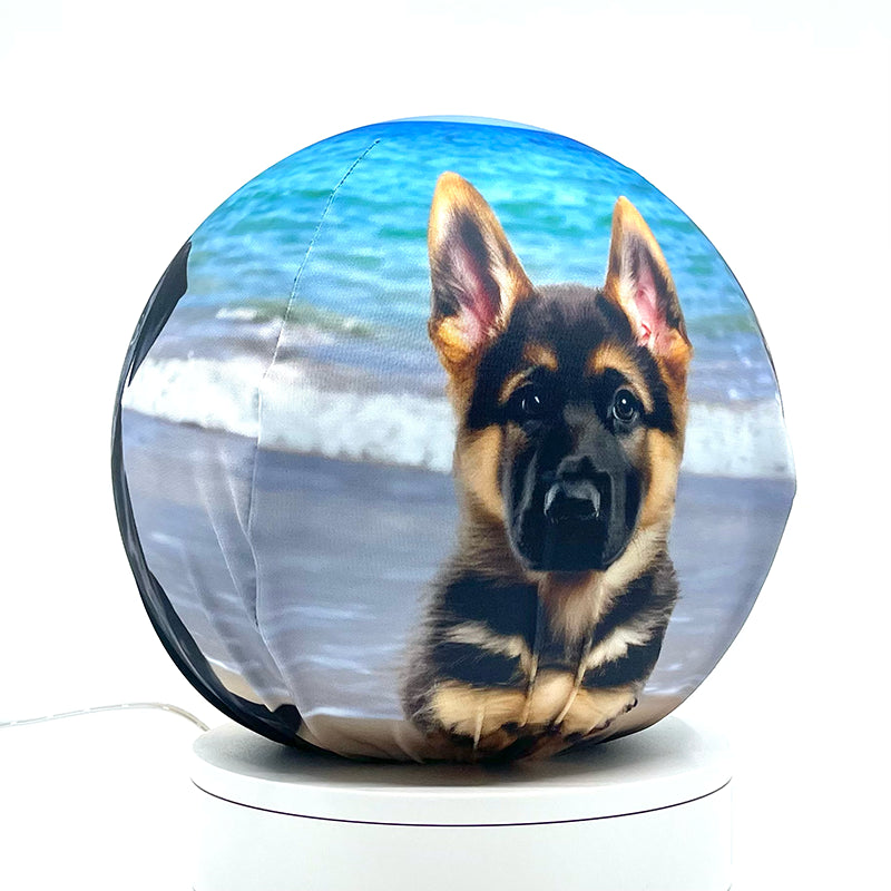 Fabric sphere cover featuring four puppies on a beach, wrapped around a 8.7" soccer ball, 9.5" basketball ball, or a 10" globe.