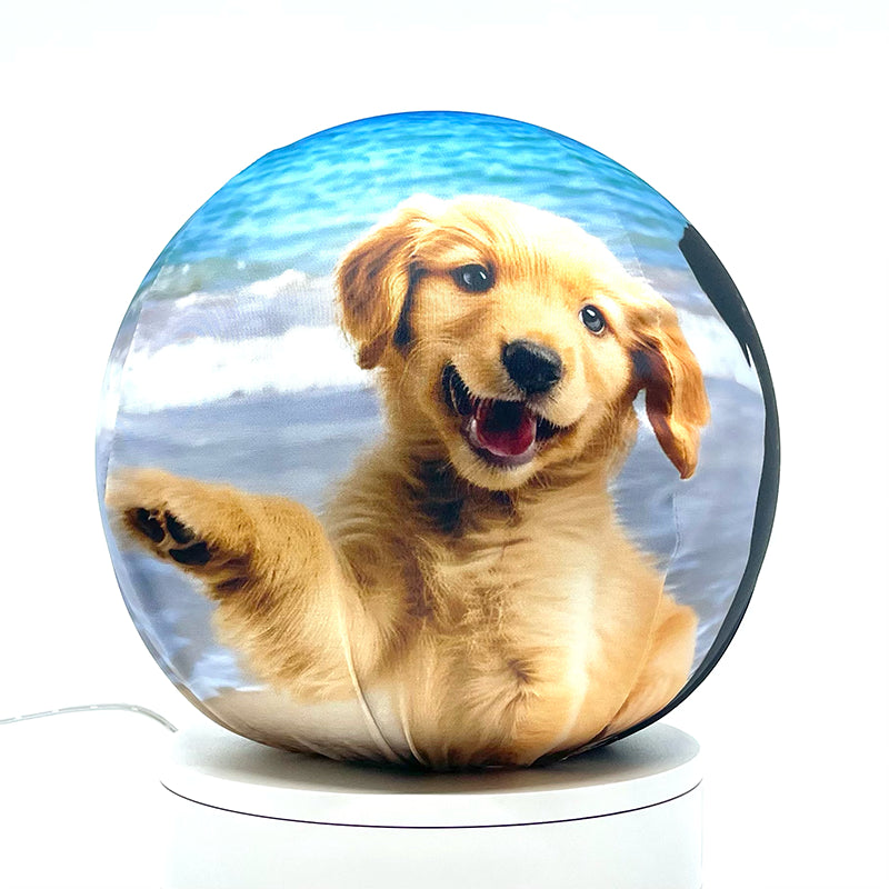 Fabric sphere cover featuring four puppies on a beach, wrapped around a 8.7" soccer ball, 9.5" basketball ball, or a 10" globe.