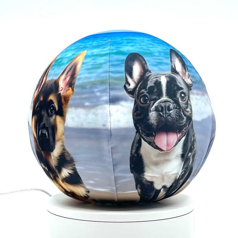 Fabric sphere cover featuring four puppies on a beach, wrapped around a 8.7" soccer ball, 9.5" basketball ball, or a 10" globe.