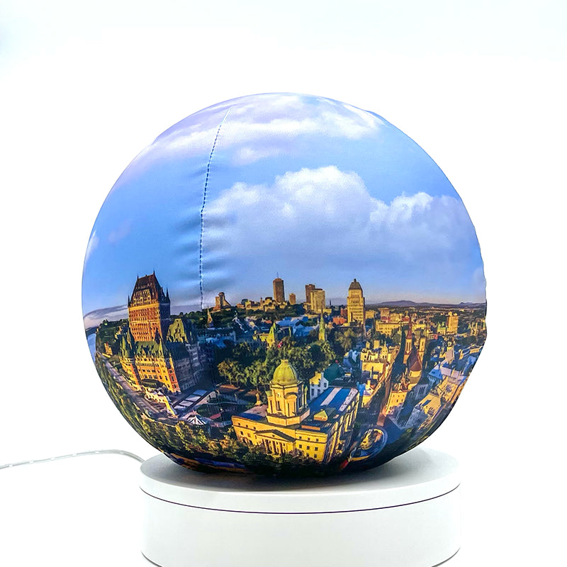 Fabric sphere cover featuring Quebec City at sunrise, wrapped around a 8.7" soccer ball, 9.5" basketball ball, or a 10" globe.