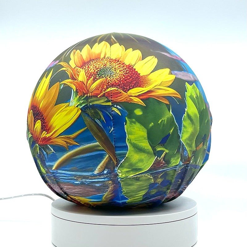 Fabric sphere cover with a sunflower pond design, wrapped around a 8.7" soccer ball, 9.5" basketball ball, or a 10" globe.