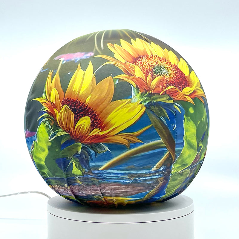 Fabric sphere cover with a sunflower pond design, wrapped around a 8.7" soccer ball, 9.5" basketball ball, or a 10" globe.