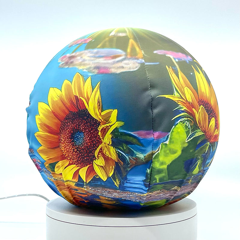 Fabric sphere cover with a sunflower pond design, wrapped around a 8.7" soccer ball, 9.5" basketball ball, or a 10" globe.